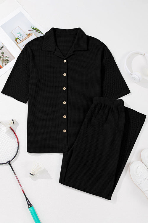 Solid Textured Buttoned Shirt and Pants Set