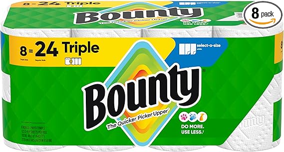 Bounty Paper Towels Select-A-Size, White, 8 Triple Rolls = 24 Regular Rolls