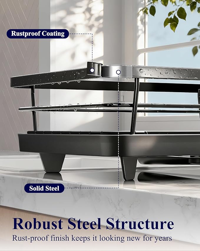 Kitsure Dish Drying Rack for Kitchen Counter, 12''W x 15.5''L, Black