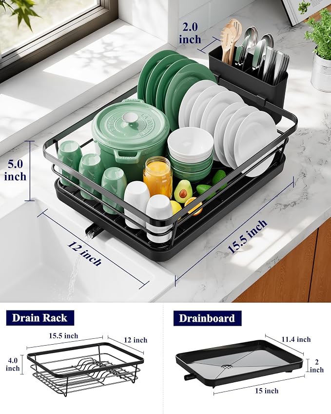 Kitsure Dish Drying Rack for Kitchen Counter, 12''W x 15.5''L, Black